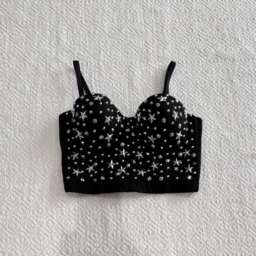 Black And Silver Star Studded Bustier Top Sz M